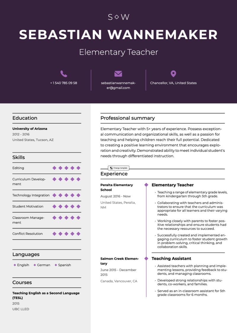 elementary teacher resume examples 2021